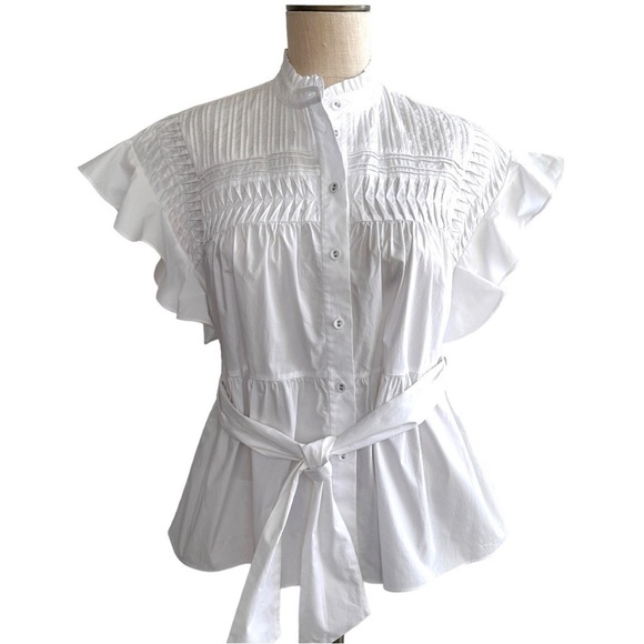 DVF Zoe Pleated Bodice Relaxed Fit Cotton Blouse White 2 - Picture 3 of 11
